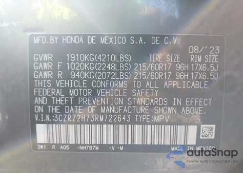 2024 Honda Hr-V Awd Ex-L/Awd Ex-L W/O Bsi из США, поврежденный, VIN 3CZRZ2H73RM722643